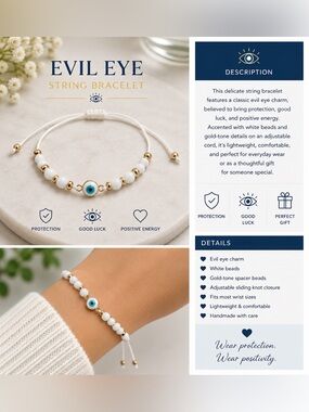 🧿Delicate White Evil Eye String Bracelet with Gold Accents